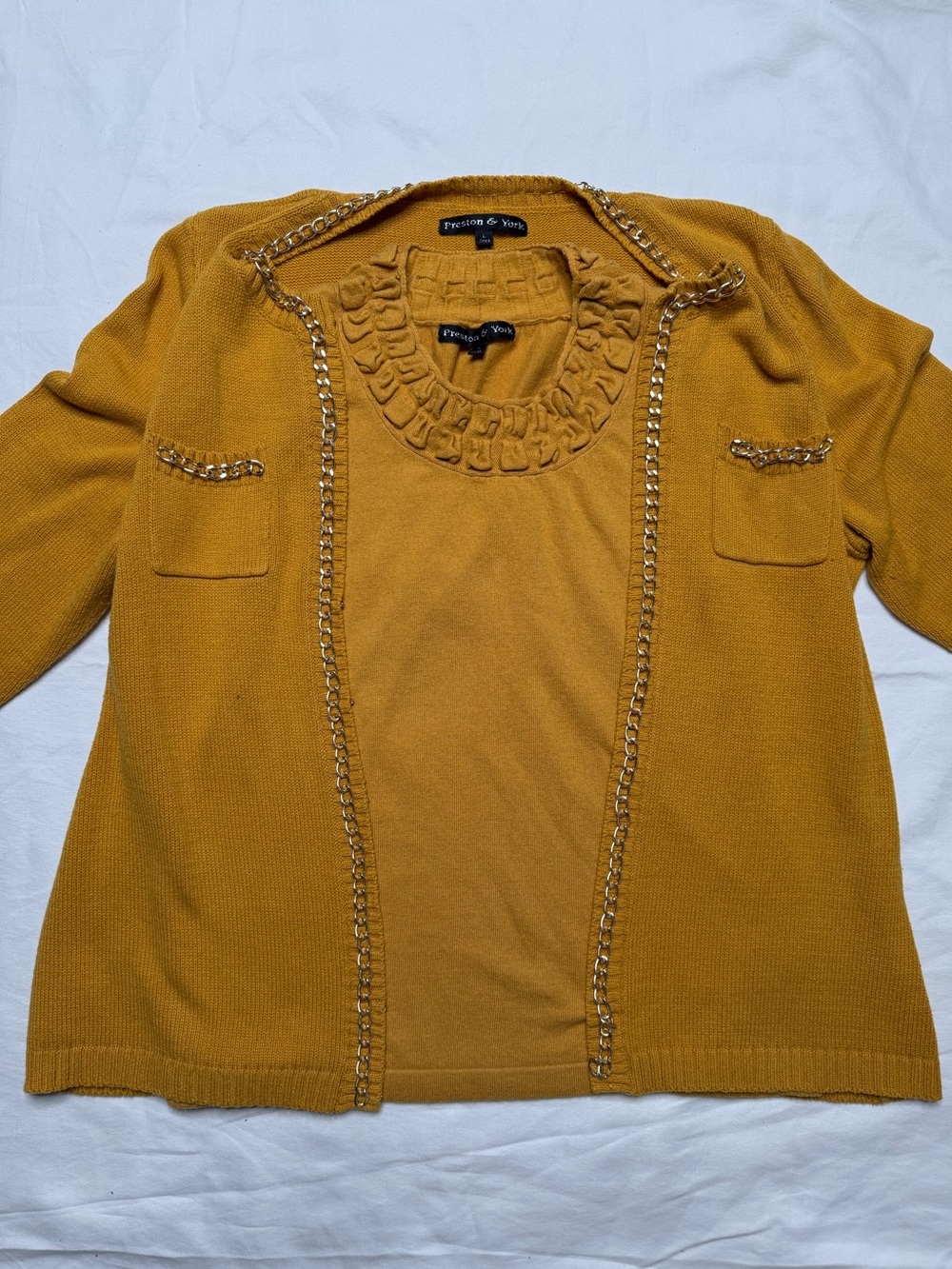 Preston & York 2-Piece Knit Set Yellow M/L Chain Trim Open Cardigan & Tank